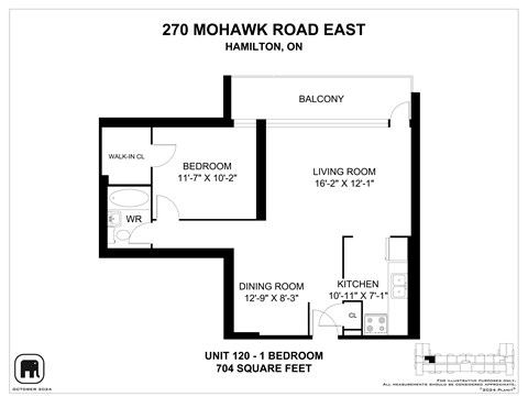A floor plan for a unit at 270 Mohawk Road East in Hamilton, ON, showing a bedroom, living room, dining room, kitchen, and balcony.